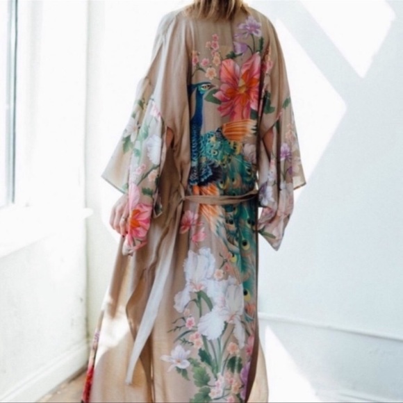 Boho Peacock Bird Of Paradise Kimono, Duster, Tan - Picture 3 of 7
